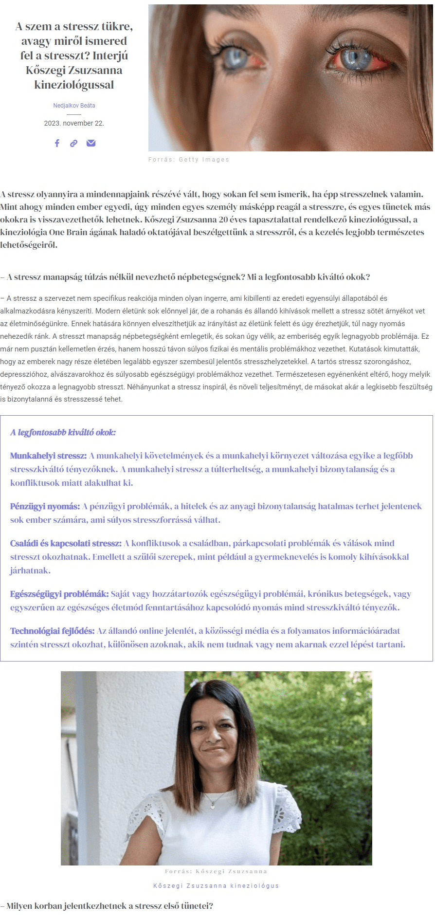 A szem a stressz tükre, avagy miről ismered fel a stresszt? Interjú Kőszegi Zsuzsanna kineziológussal