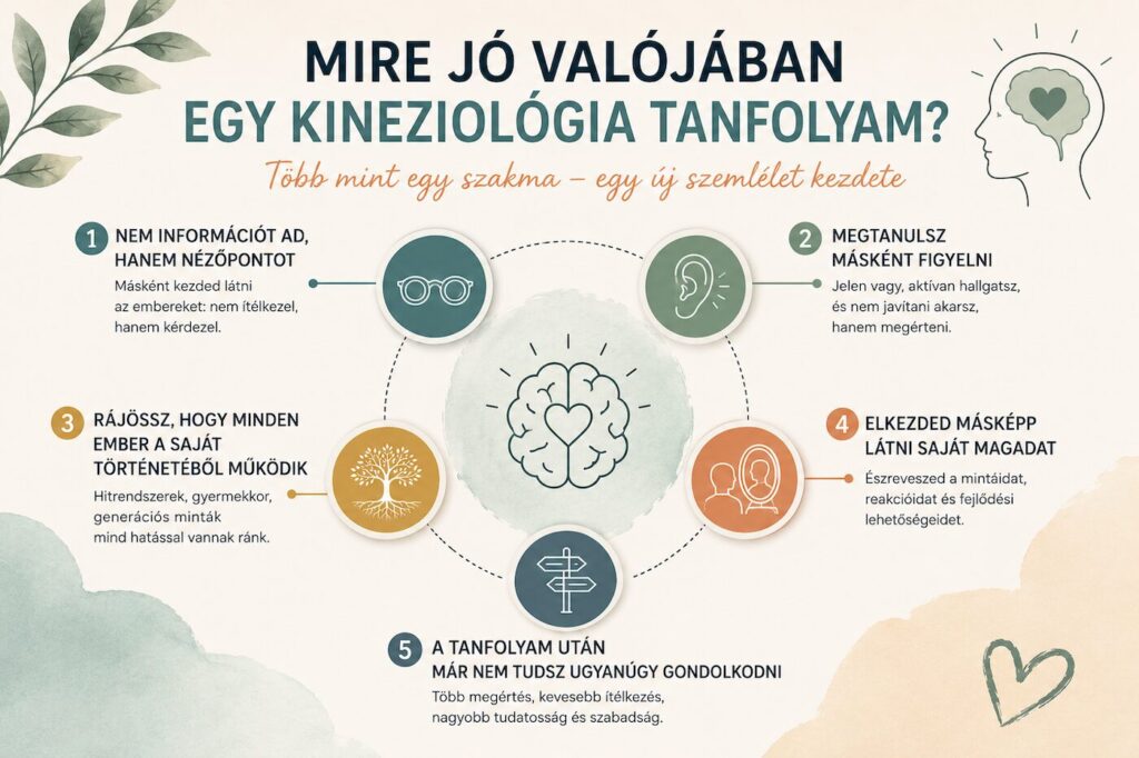 Mire jó valójában egy kineziológia tanfolyam? A szemléletváltás fő lépéseit bemutató infografika.