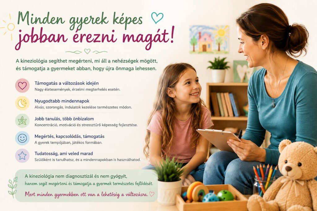 Kineziológia gyerekeknél – mikor segíthet? Infografika: 5 helyzet, amikor a szülők a kineziológia szemléletéhez fordulnak gyermekükkel – alvási nehézségek, iskolai stressz, viselkedésváltozás, testi tünetek, életesemények