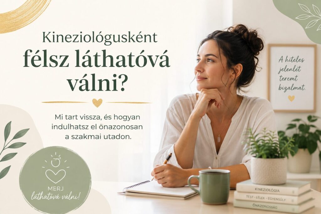 Kineziológus nő elgondolkodva ül az íróasztalánál a „Kineziológusként félsz láthatóvá válni?” felirat mellett.