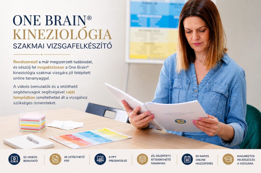 One Brain® kineziológia szakmai vizsgafelkészítő One Brain® kineziológia szakmai vizsgafelkészítő online tananyag videós bemutatókkal és letölthető segédanyagokkal.